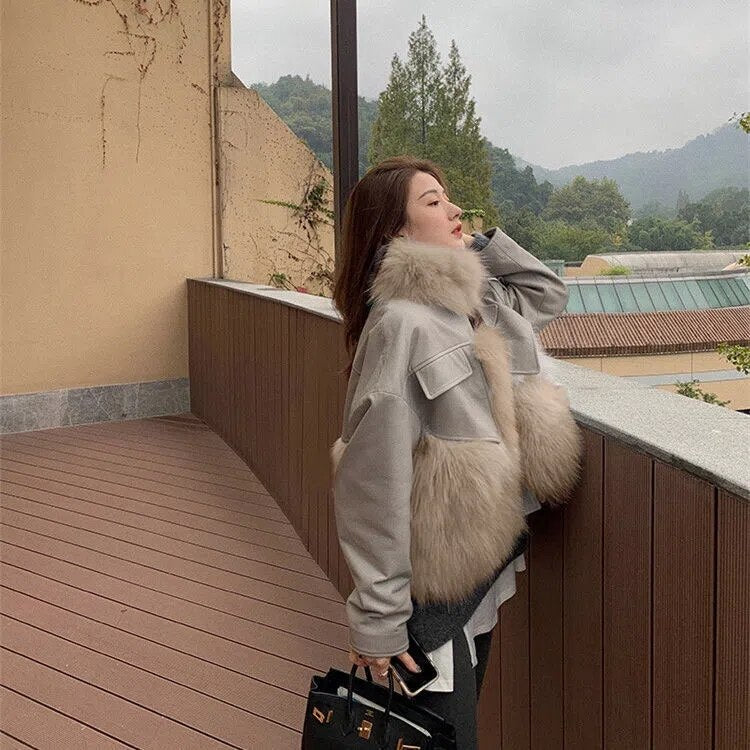 Sheepskin Coat Women Loose Motorcycle Jackets Female Streetwear Oversized Coat Winter Faux Fox Fur Leather Jacket