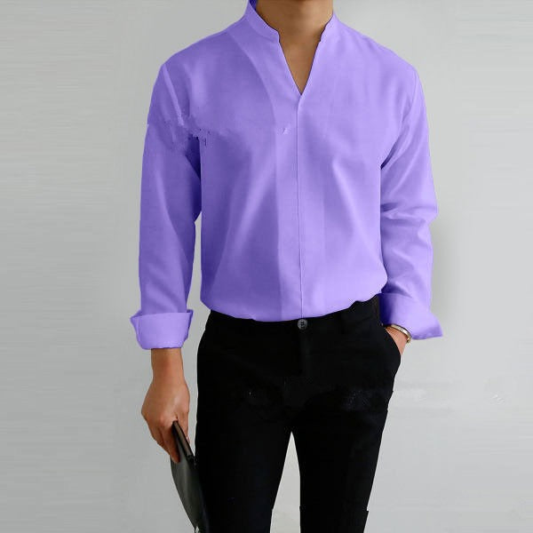 Shirt Men's Standing Collar Solid Color Fit Men's Shirt All Seasons