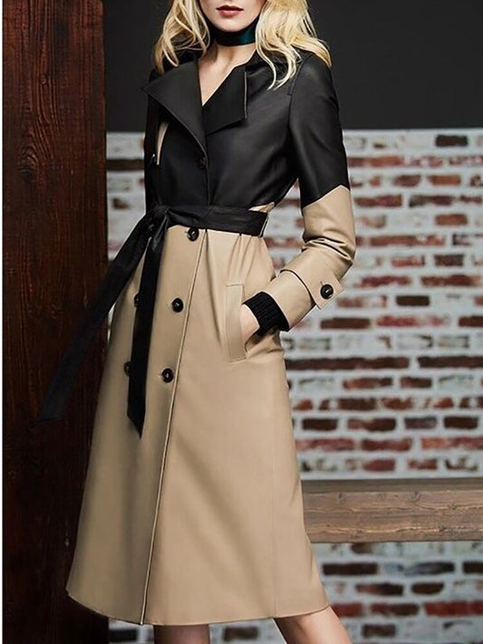 Women's Trench Coat Spliced Pu Leather Lapel Double Braested Lace Up Waist Long Sleeve Windbreaker