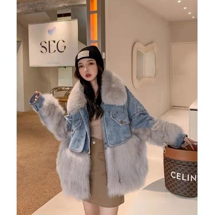 Women Thick Coat Winter Autumn Korean Patchwork Jeans Coat Sweet Single Breasted Full Turn-down Collar Single Breasted Girls Bag