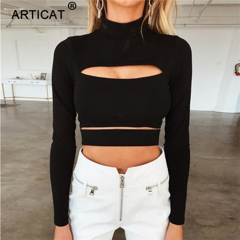 Sexy Hollow Out T Shirt Women Fashion Turtleneck Long Sleeve Bandage Crop Top Casual Party Tshirt