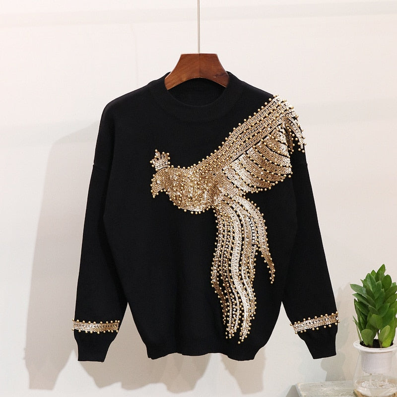 Autumn Winter Knitted Women Tracksuit Sequins Beading Phoenix Long Sleeve Loose Sweater + Casual Pants Two Piece Set D1281