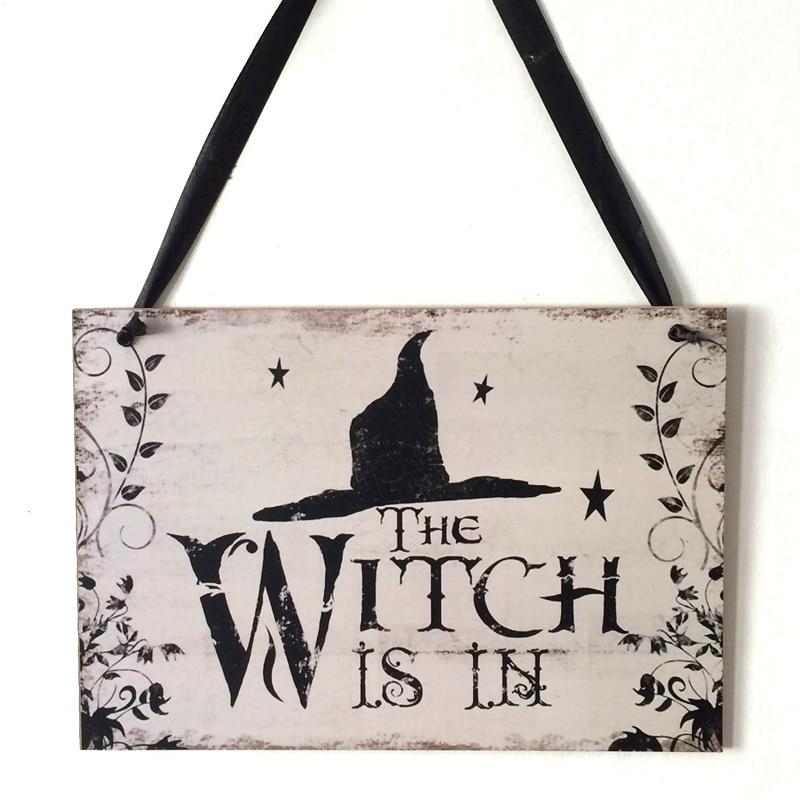 Halloween Party Decoration Supplies The Witch Is In Rustic Wooden Plaque Wall Sign Haing Board Halloween