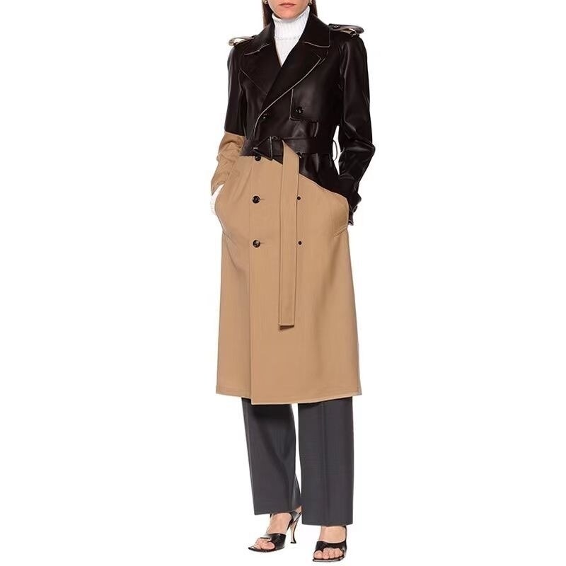 Women's Trench Coat Spliced Pu Leather Lapel Double Braested Lace Up Waist Long Sleeve Windbreaker