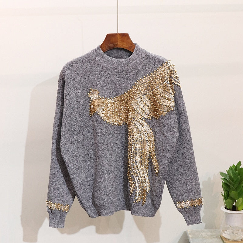 Autumn Winter Knitted Women Tracksuit Sequins Beading Phoenix Long Sleeve Loose Sweater + Casual Pants Two Piece Set D1281