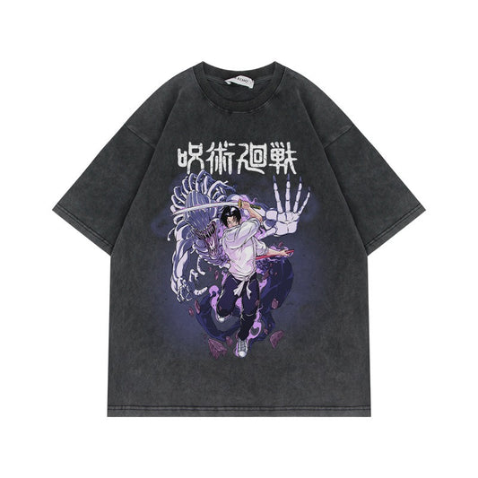 280G Heavyweight Washed Old Vintage Short Sleeve T Shirt Anime Spell Return Battle American High Street Oversize Top