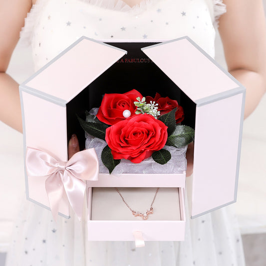 Valentine's Christmas Gift Girlfriend Creative Rose Flower Jewelry Gift Box Soap Flower + Free 100 Kinds of I Love You Necklace 1