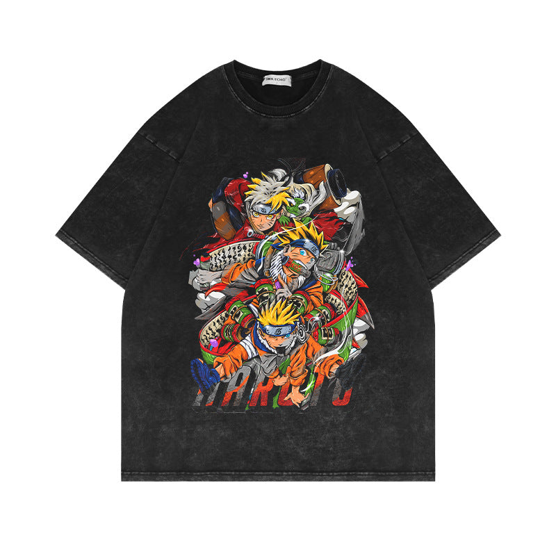 280G Heavyweight Washed Old Short Sleeve T shirt Naruto Anime American Retro Oversize Half Sleeve Cotton