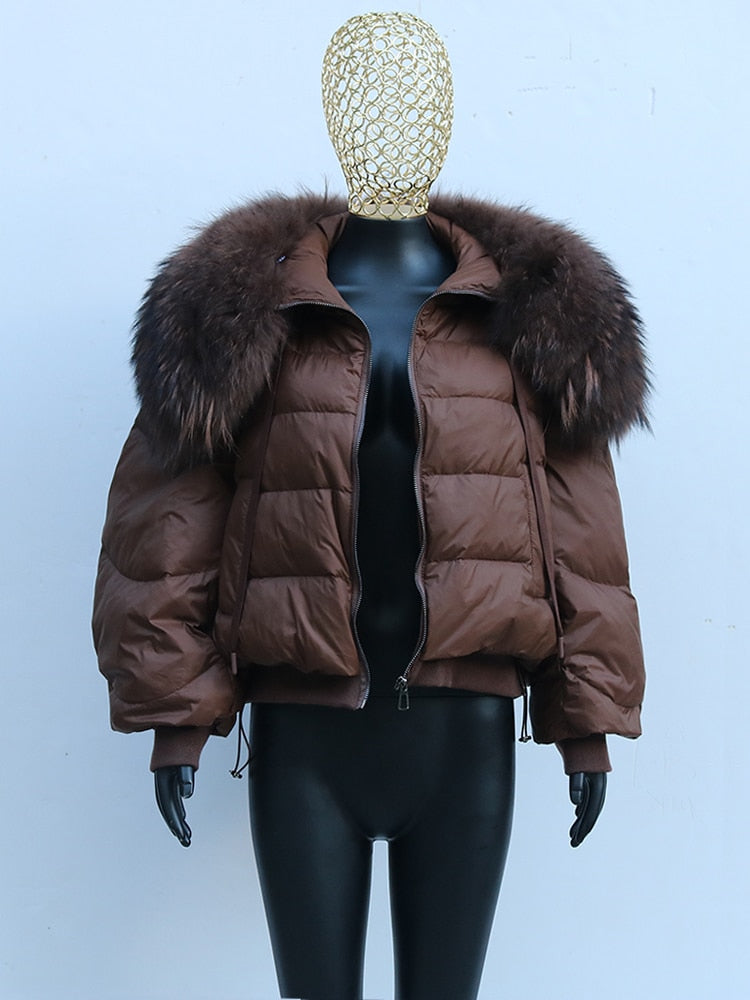 Winter Down Jacket Women Large Real Raccoon Fur Collar Short Female Parkas Thick Warm 90% Duck Down Coat Loose