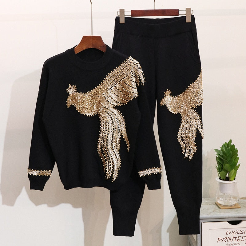 Autumn Winter Knitted Women Tracksuit Sequins Beading Phoenix Long Sleeve Loose Sweater + Casual Pants Two Piece Set D1281