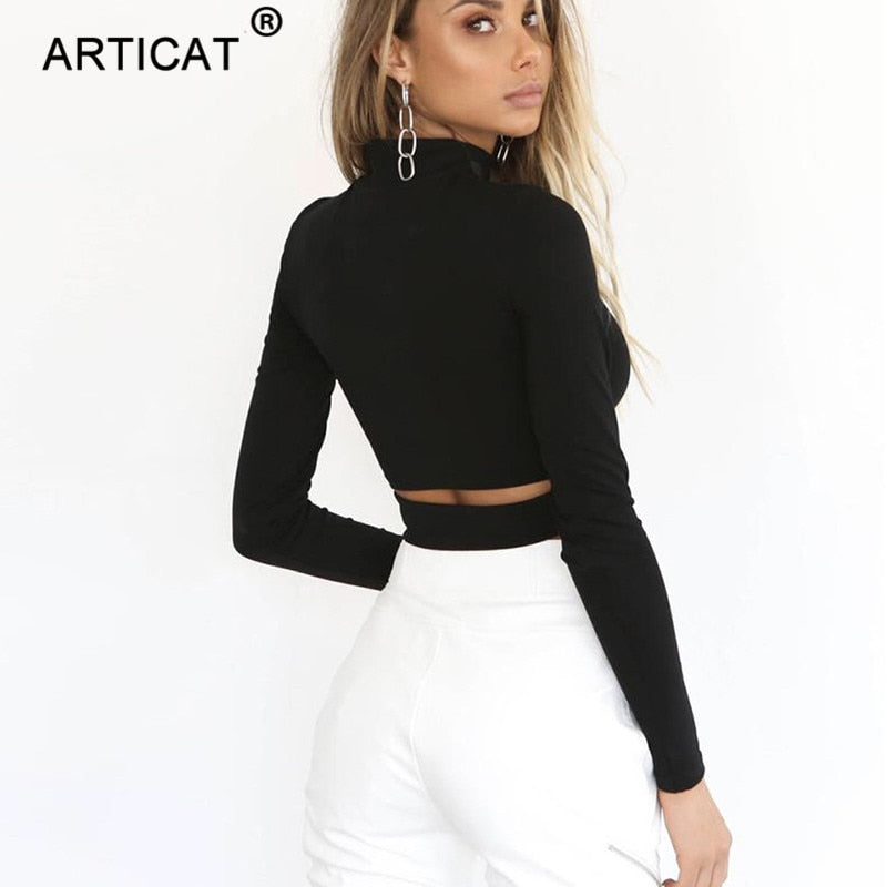 Sexy Hollow Out T Shirt Women Fashion Turtleneck Long Sleeve Bandage Crop Top Casual Party Tshirt