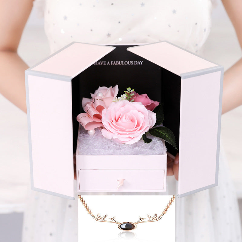 Valentine's Christmas Gift Girlfriend Creative Rose Flower Jewelry Gift Box Soap Flower + Free 100 Kinds of I Love You Necklace 1