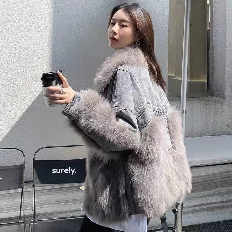 Women Thick Coat Winter Autumn Korean Patchwork Jeans Coat Sweet Single Breasted Full Turn-down Collar Single Breasted Girls Bag