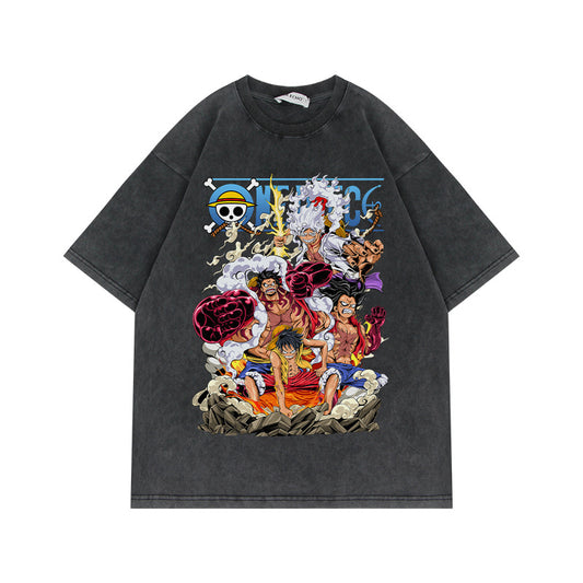 230G Heavyweight Washed Old Half Sleeve T Shirt American Vintage Oversize Anime Pirate King Luffy Short Sleeve T