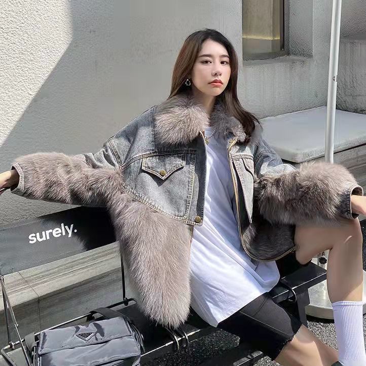 Women Thick Coat Winter Autumn Korean Patchwork Jeans Coat Sweet Single Breasted Full Turn-down Collar Single Breasted Girls Bag