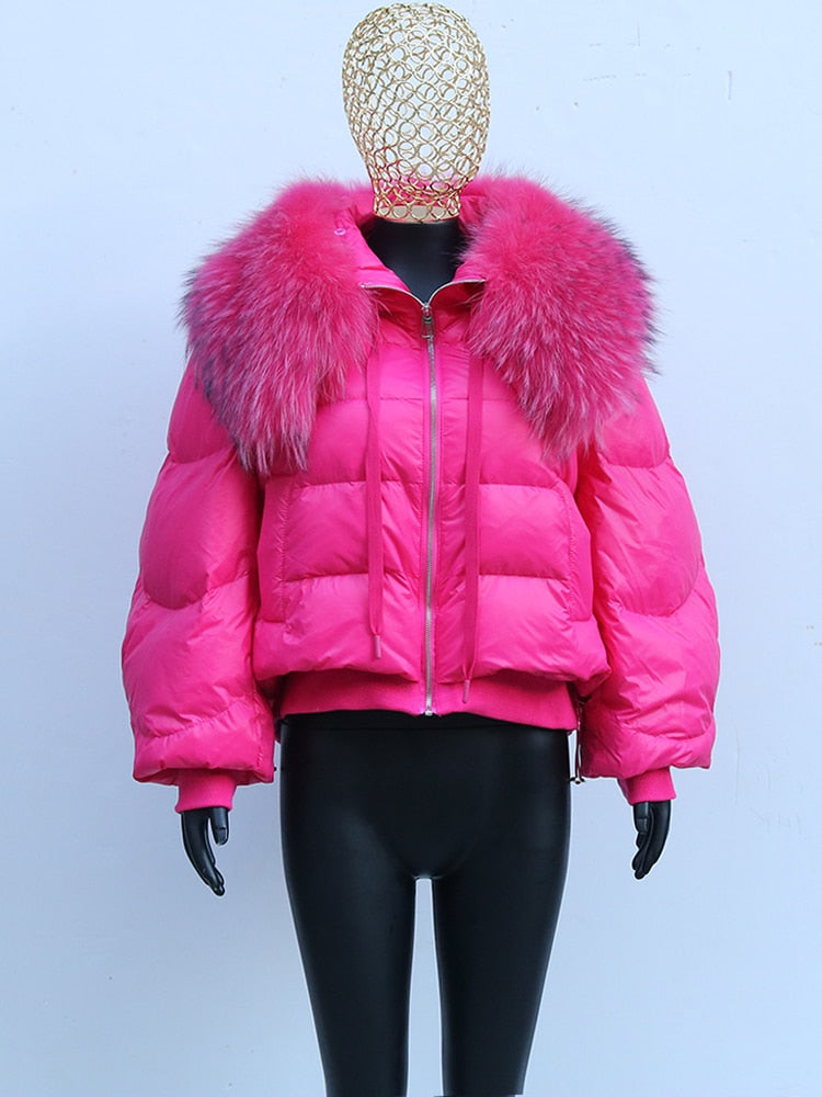 Winter Down Jacket Women Large Real Raccoon Fur Collar Short Female Parkas Thick Warm 90% Duck Down Coat Loose