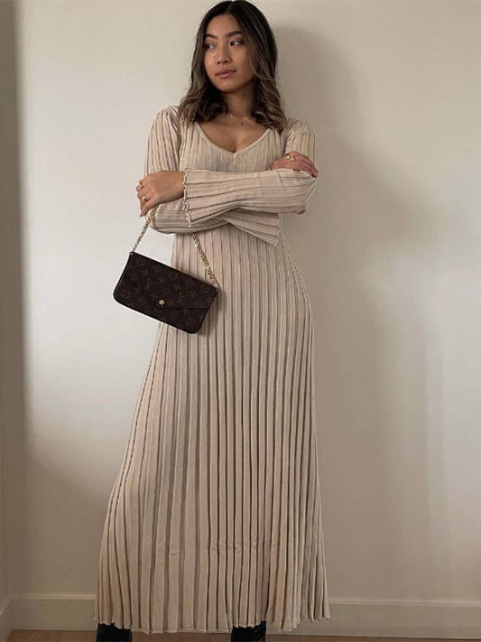 V-neck Women Knitted Maxi Dress Autumn Elegant Ribbed Long Sleeve Bodycon Dress 2022 Ladies Fashion Streetwear Dresses