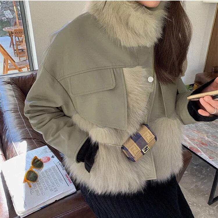 Sheepskin Coat Women Loose Motorcycle Jackets Female Streetwear Oversized Coat Winter Faux Fox Fur Leather Jacket