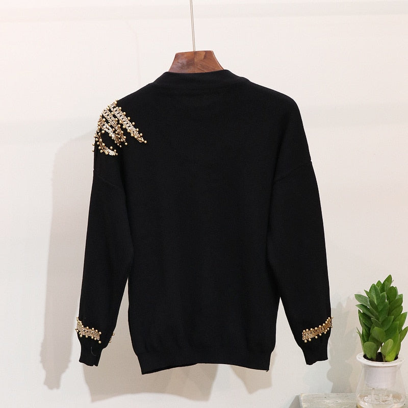 Autumn Winter Knitted Women Tracksuit Sequins Beading Phoenix Long Sleeve Loose Sweater + Casual Pants Two Piece Set D1281