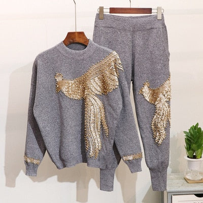 Autumn Winter Knitted Women Tracksuit Sequins Beading Phoenix Long Sleeve Loose Sweater + Casual Pants Two Piece Set D1281