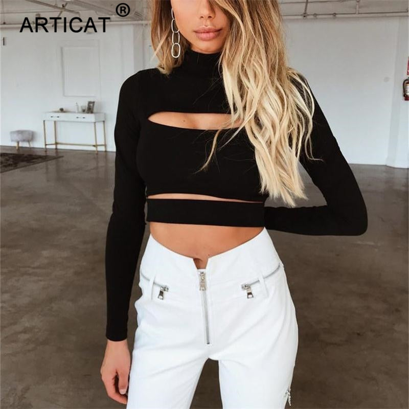 Sexy Hollow Out T Shirt Women Fashion Turtleneck Long Sleeve Bandage Crop Top Casual Party Tshirt