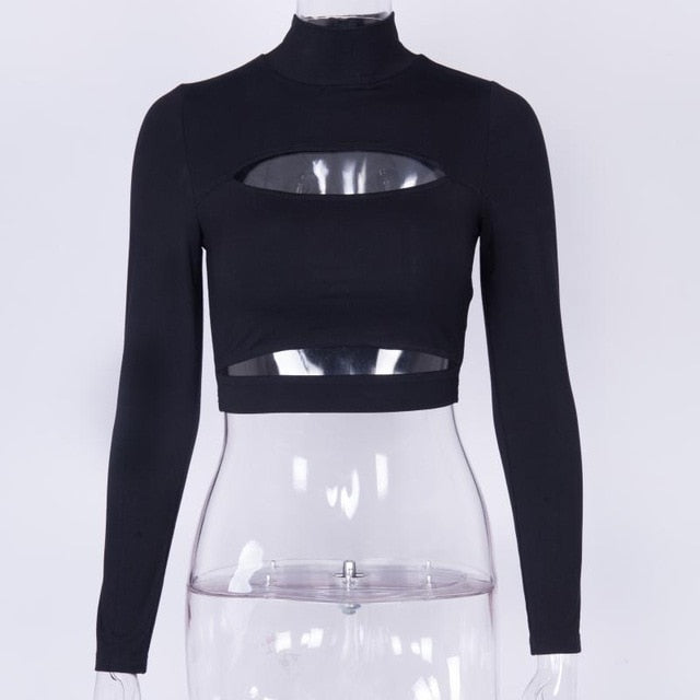 Sexy Hollow Out T Shirt Women Fashion Turtleneck Long Sleeve Bandage Crop Top Casual Party Tshirt