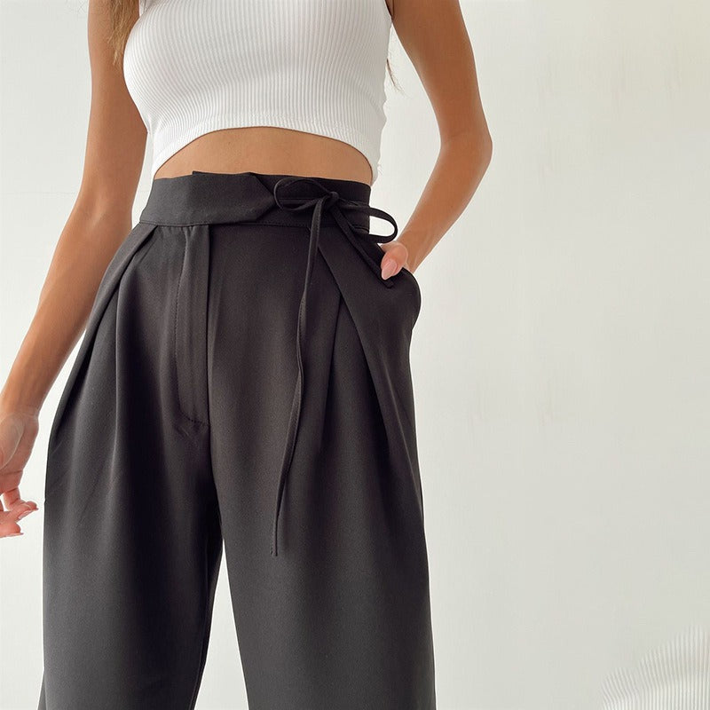 Knitted casual sports trousers Women spring white high waist loose straight wide leg trousers