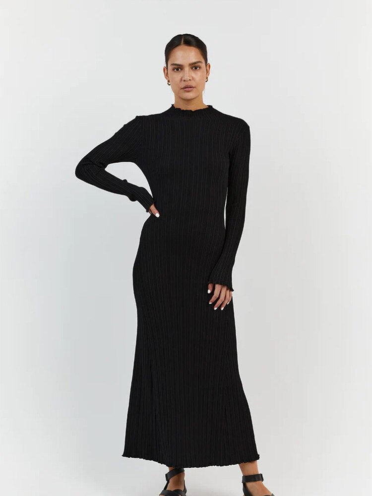 Female Elegant Solid Half High Collar Knitted Dress Women Fashion Long Sleeve Casual Dresses Spring Lady High Street Vestidos