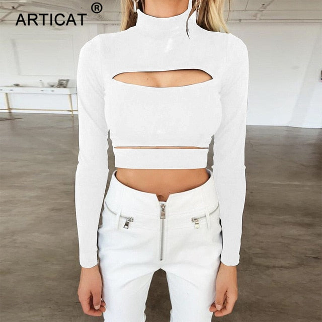 Sexy Hollow Out T Shirt Women Fashion Turtleneck Long Sleeve Bandage Crop Top Casual Party Tshirt