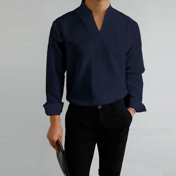 Shirt Men's Standing Collar Solid Color Fit Men's Shirt All Seasons